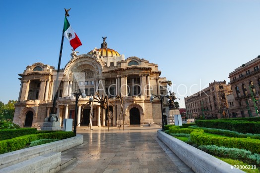 Picture of Palace of fine arts facade and Mexican flag